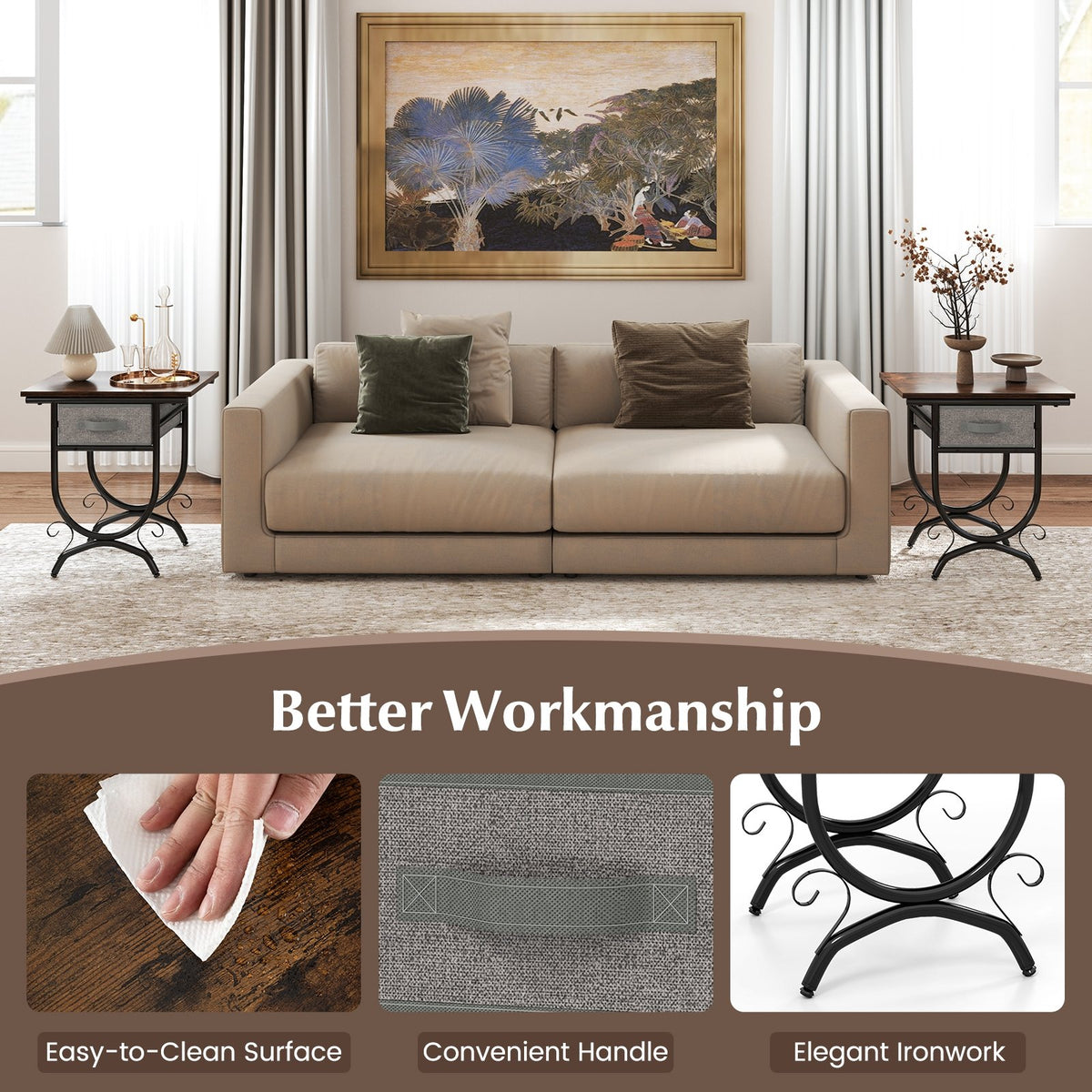 Side Table with Fabric Drawer and Carved Metal Frame for Living Room view 6