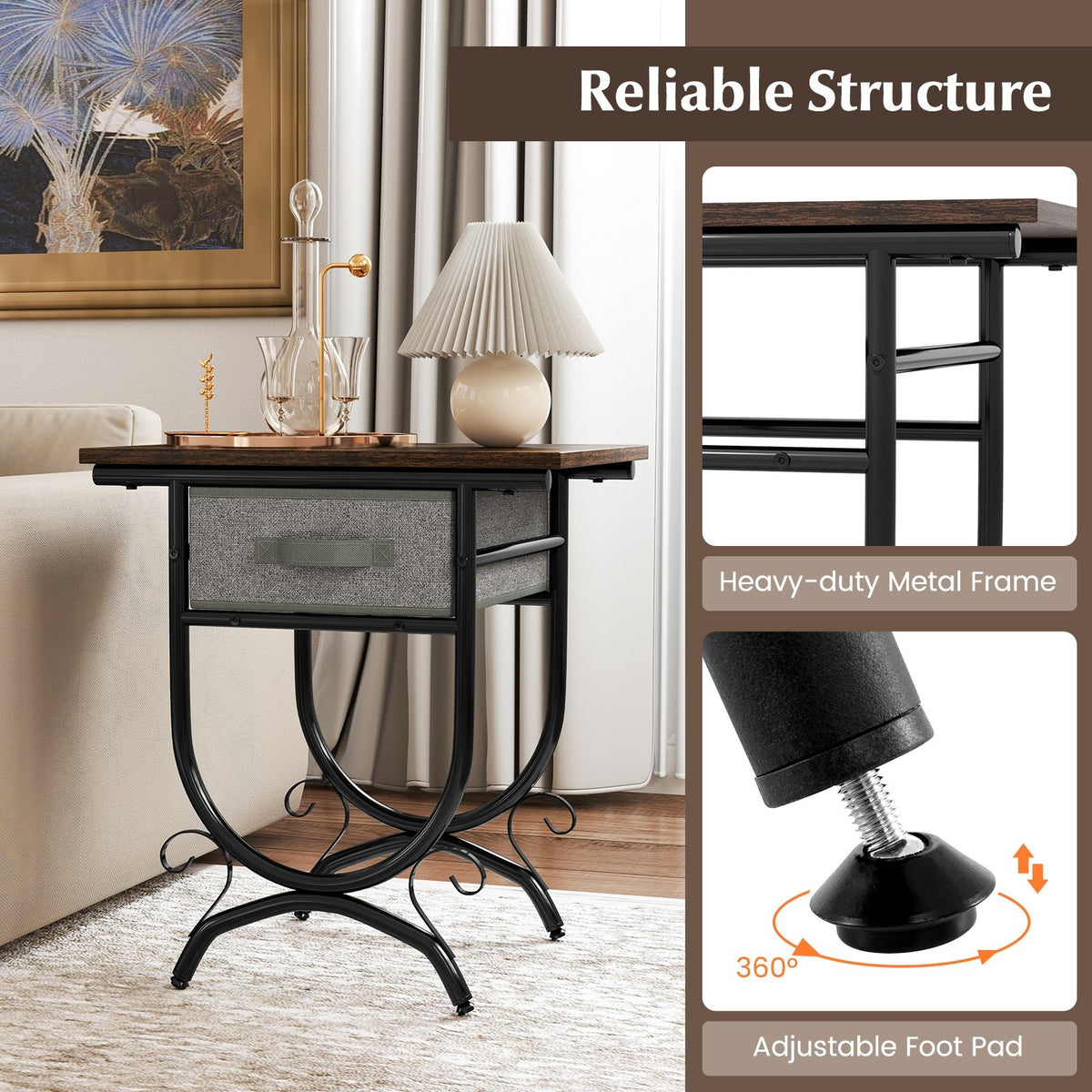 Side Table with Fabric Drawer and Carved Metal Frame for Living Room view 7