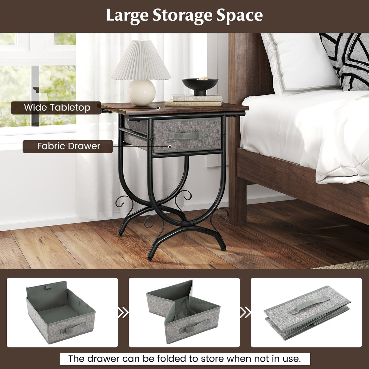 Side Table with Fabric Drawer and Carved Metal Frame for Living Room view 8