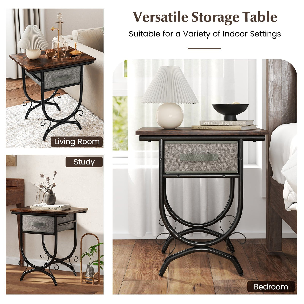 Side Table with Fabric Drawer and Carved Metal Frame for Living Room view 9