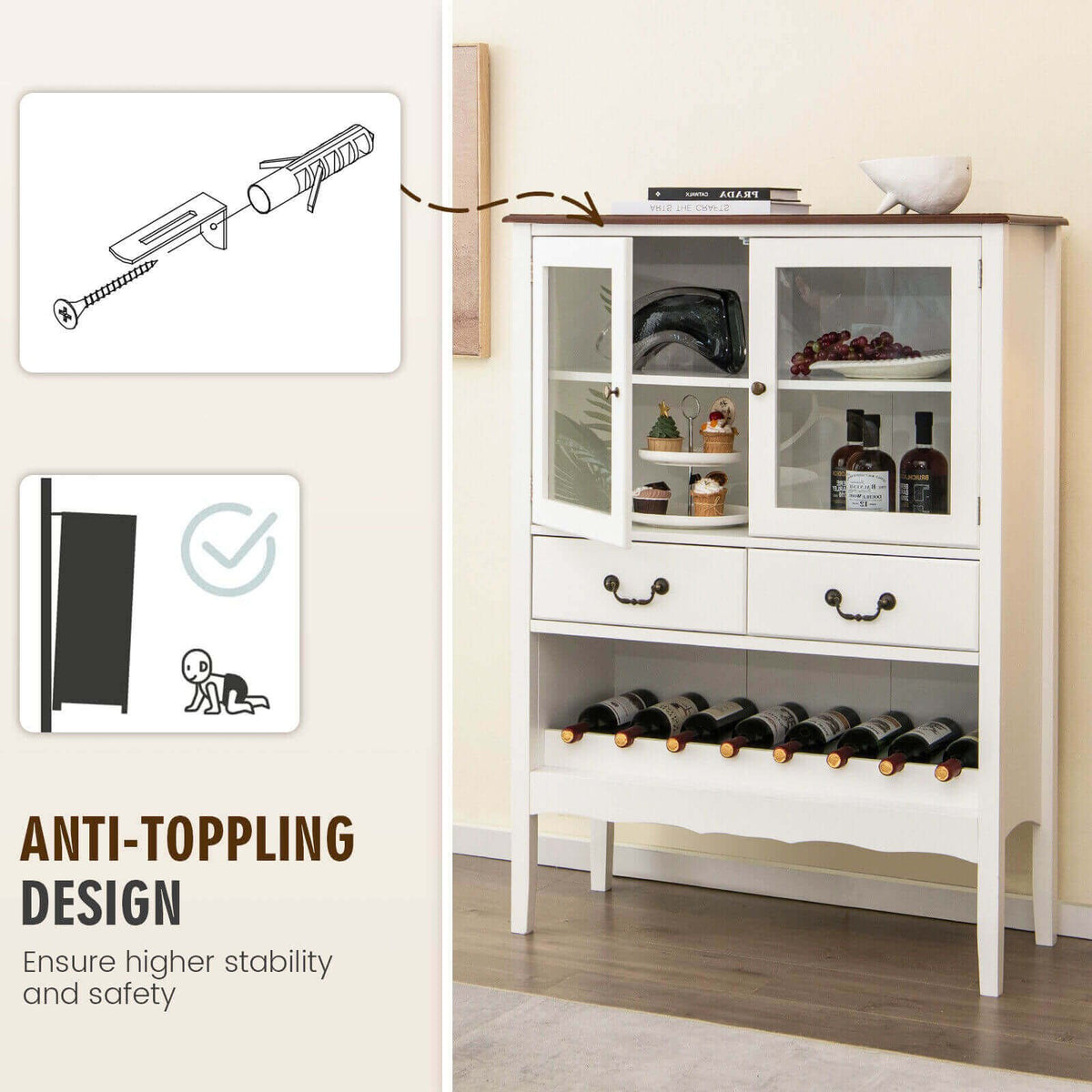 Sideboard Buffet Cabinet with 2 Tempered Glass Doors-White view 9