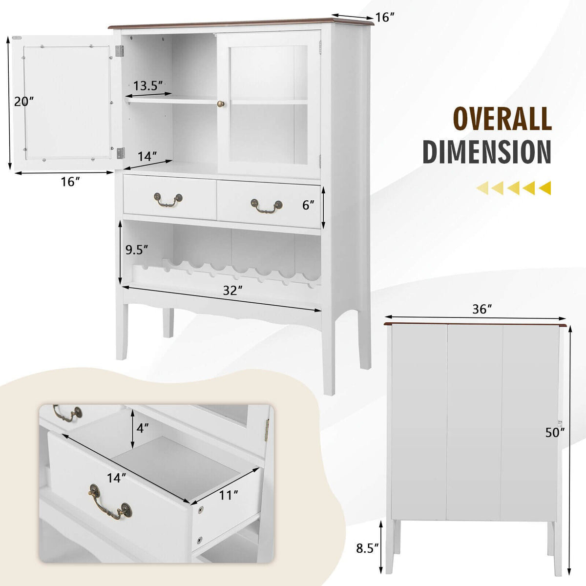 Sideboard Buffet Cabinet with 2 Tempered Glass Doors-White view 4