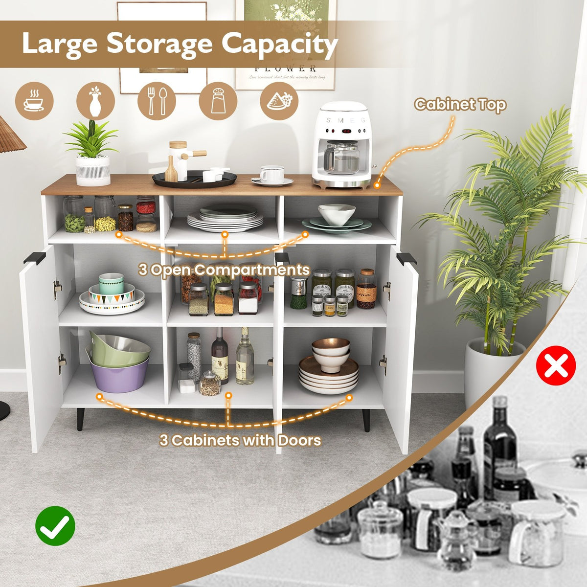 Sideboard Buffet Cabinet Kitchen Storage Cabinet with 5-Position Adjustable Shelves-White view 9