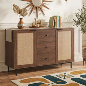 Sideboard Buffet Cabinet Rustic Farmhouse Coffee Bar Table with 2 Rattan Doors and 3 Drawers-Brown view 2