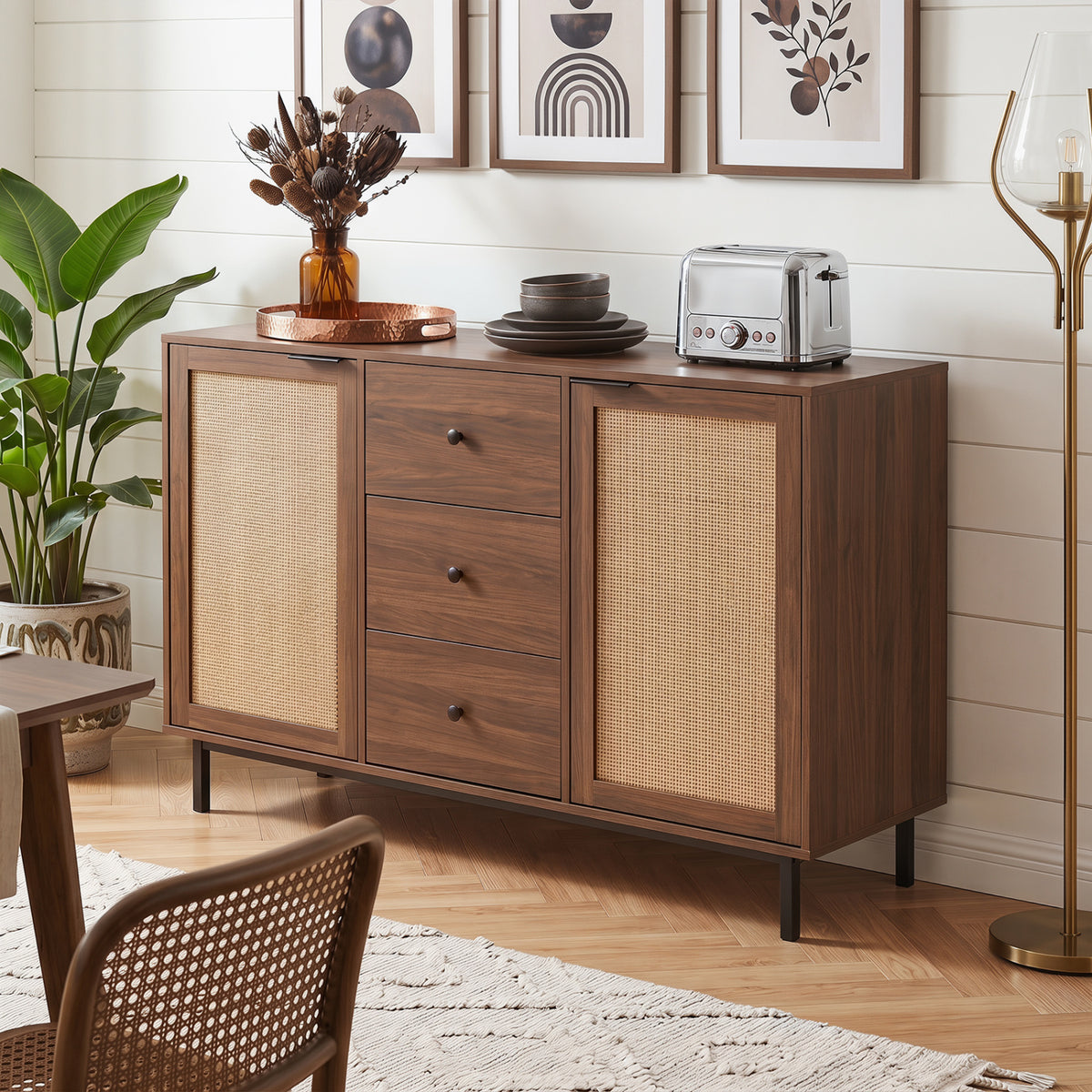 Sideboard Buffet Cabinet Rustic Farmhouse Coffee Bar Table with 2 Rattan Doors and 3 Drawers-Brown view 3