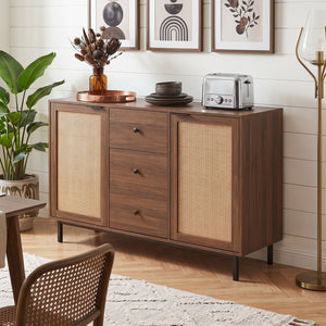 Sideboard Buffet Cabinet Rustic Farmhouse Coffee Bar Table with 2 Rattan Doors and 3 Drawers-Brown view 3