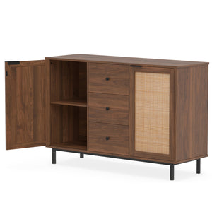 Sideboard Buffet Cabinet Rustic Farmhouse Coffee Bar Table with 2 Rattan Doors and 3 Drawers-Brown view 4