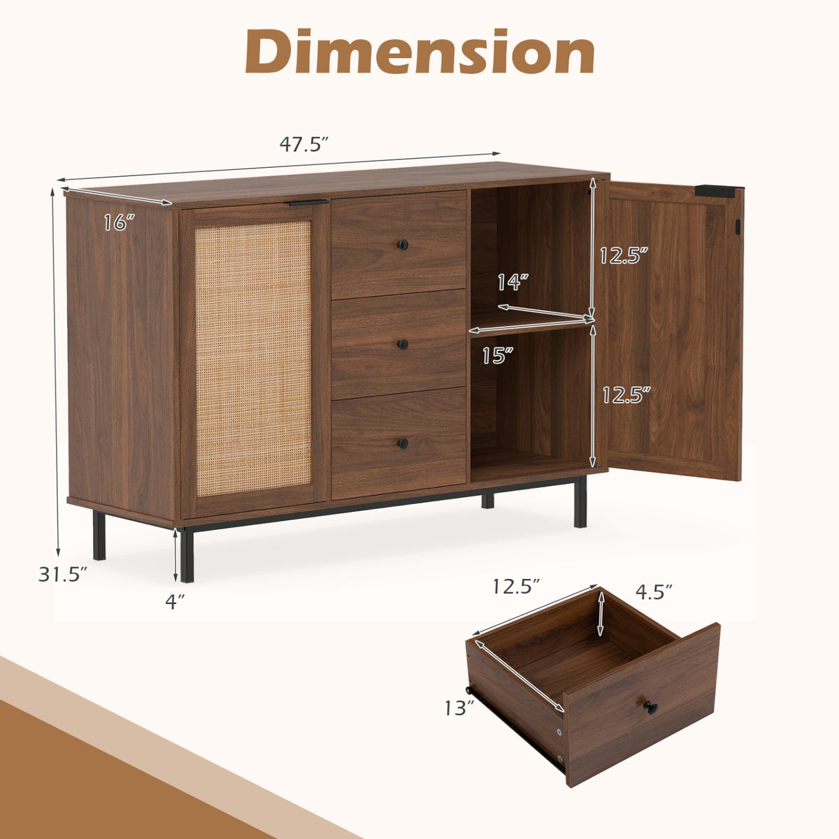 Sideboard Buffet Cabinet Rustic Farmhouse Coffee Bar Table with 2 Rattan Doors and 3 Drawers-Brown view 5