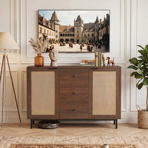 Sideboard Buffet Cabinet Rustic Farmhouse Coffee Bar Table with 2 Rattan Doors and 3 Drawers-Brown view 6