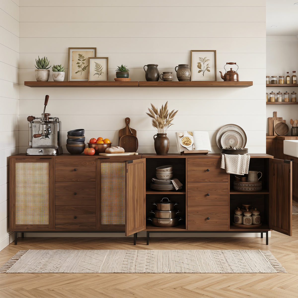 Sideboard Buffet Cabinet Rustic Farmhouse Coffee Bar Table with 2 Rattan Doors and 3 Drawers-Brown view 7