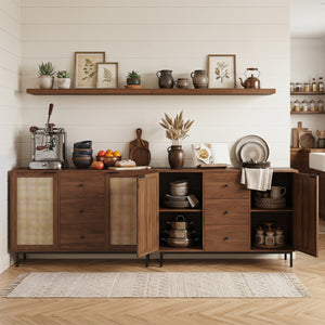 Sideboard Buffet Cabinet Rustic Farmhouse Coffee Bar Table with 2 Rattan Doors and 3 Drawers-Brown view 7