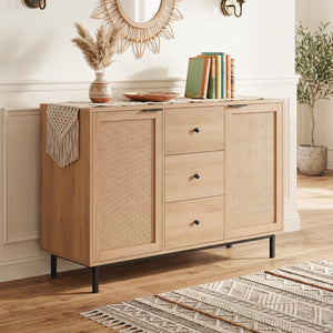 Sideboard Buffet Cabinet Rustic Farmhouse Coffee Bar Table with 2 Rattan Doors and 3 Drawers-Natural view 2