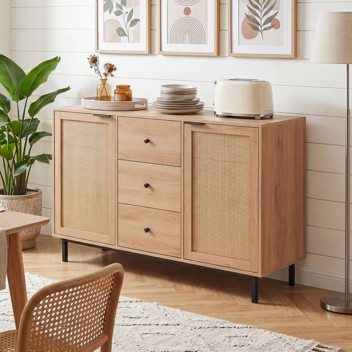 Sideboard Buffet Cabinet Rustic Farmhouse Coffee Bar Table with 2 Rattan Doors and 3 Drawers-Natural view 3
