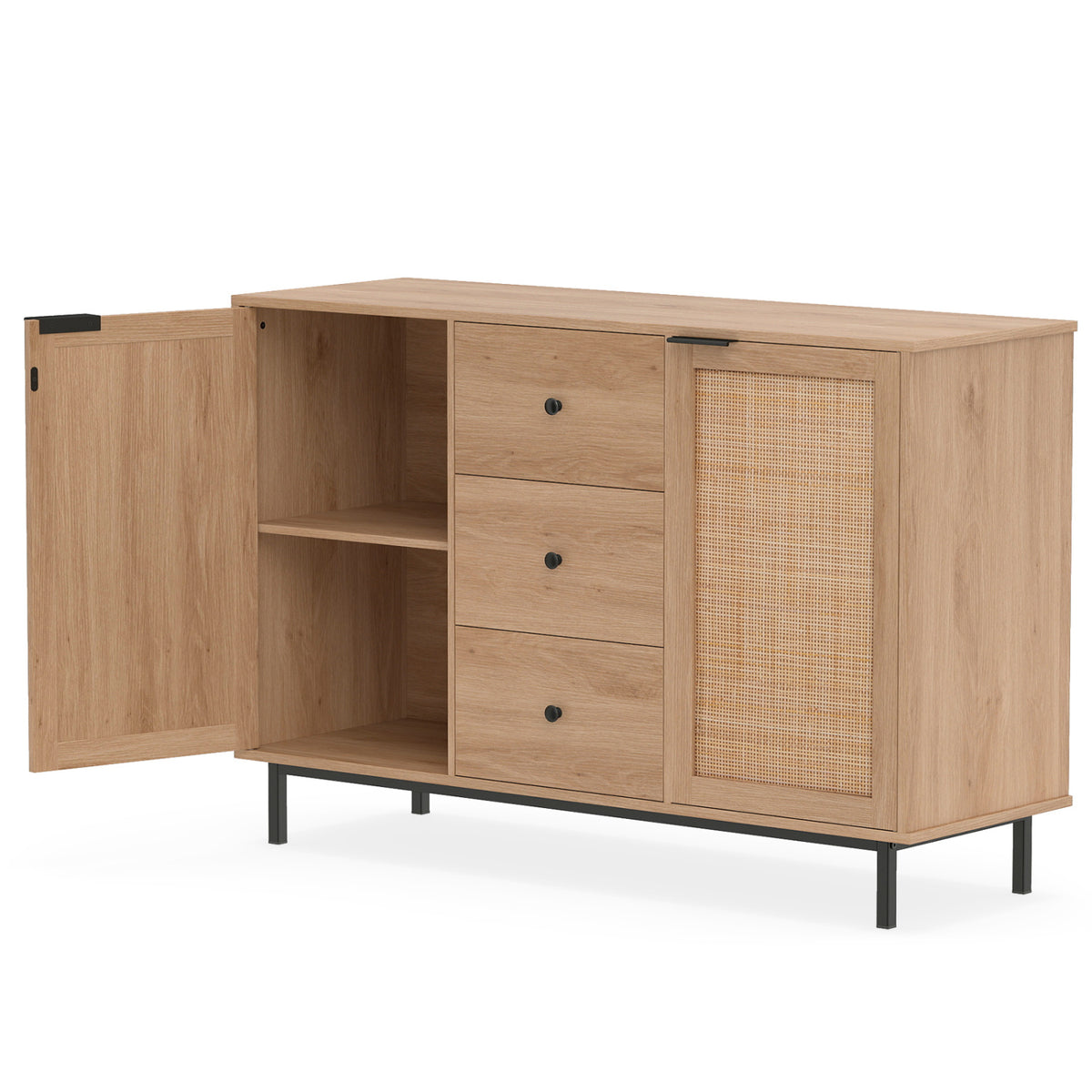 Sideboard Buffet Cabinet Rustic Farmhouse Coffee Bar Table with 2 Rattan Doors and 3 Drawers-Natural view 4