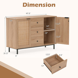 Sideboard Buffet Cabinet Rustic Farmhouse Coffee Bar Table with 2 Rattan Doors and 3 Drawers-Natural view 5