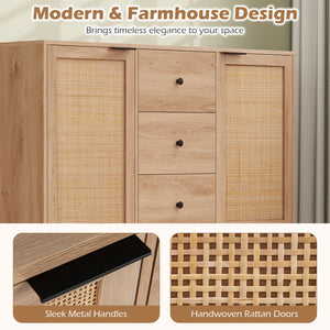 Sideboard Buffet Cabinet Rustic Farmhouse Coffee Bar Table with 2 Rattan Doors and 3 Drawers-Natural view 8