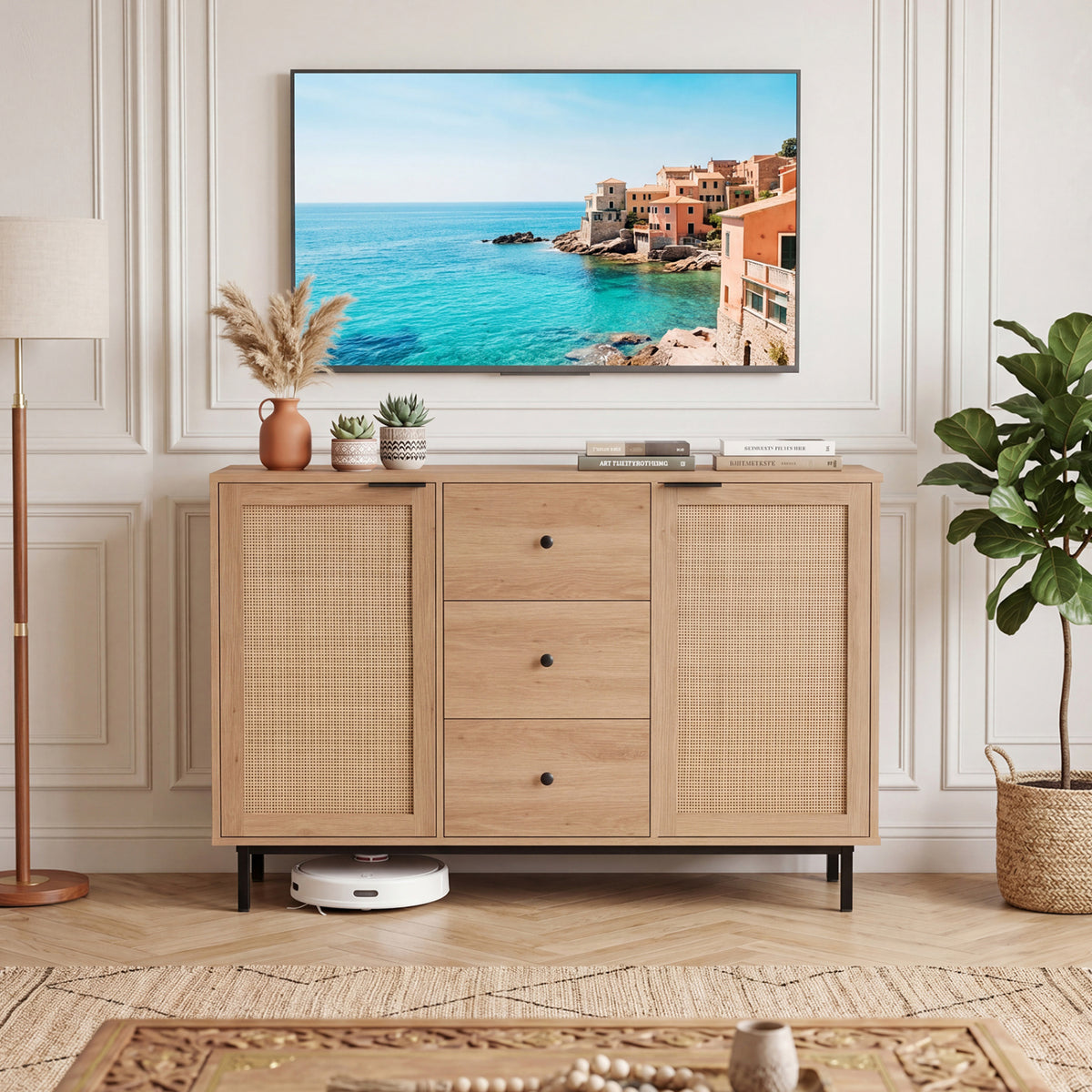 Sideboard Buffet Cabinet Rustic Farmhouse Coffee Bar Table with 2 Rattan Doors and 3 Drawers-Natural view 9