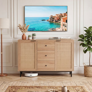Sideboard Buffet Cabinet Rustic Farmhouse Coffee Bar Table with 2 Rattan Doors and 3 Drawers-Natural view 9