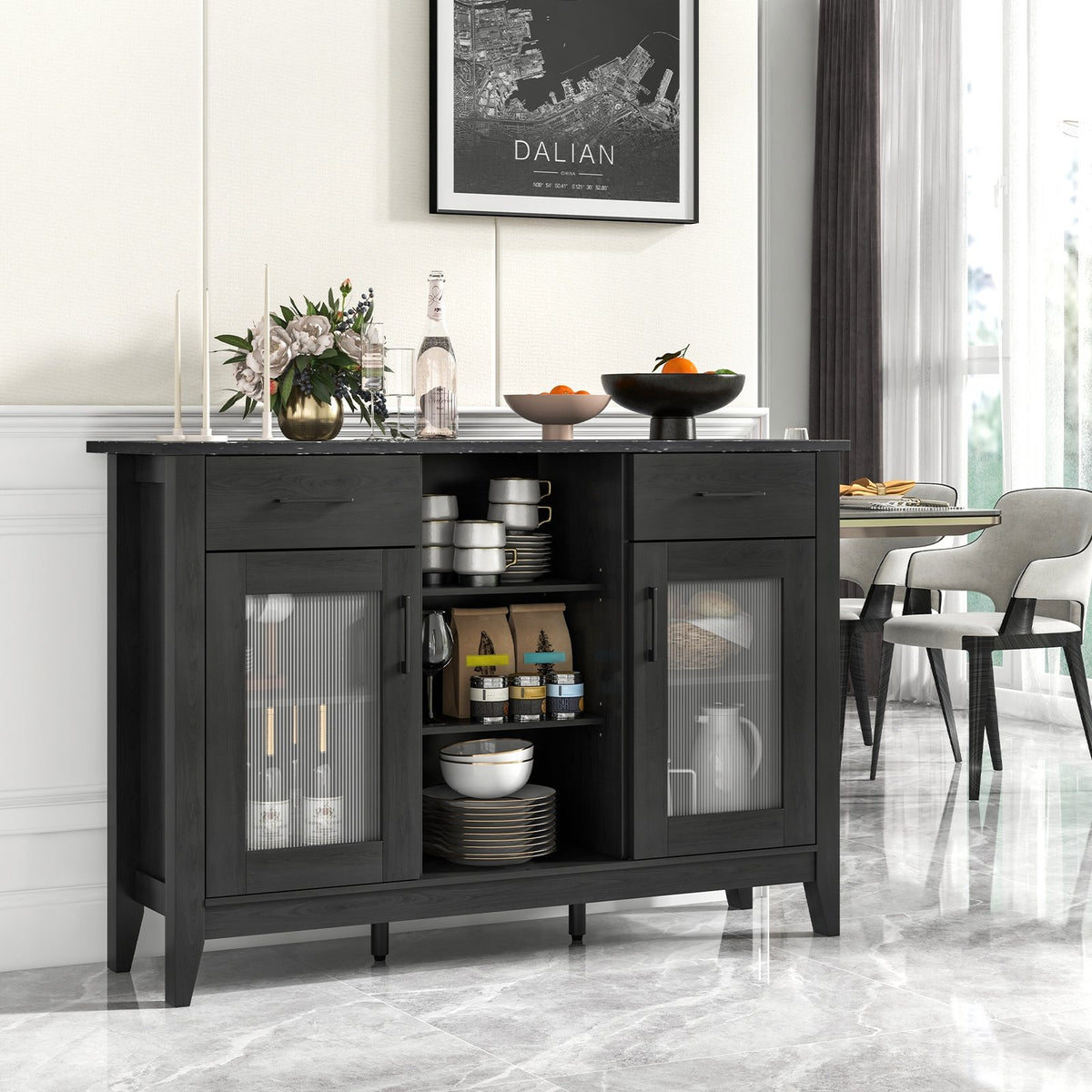 Sideboard Buffet Cabinet with 2 Drawers and 4 Adjustable Shelves-Black view 2