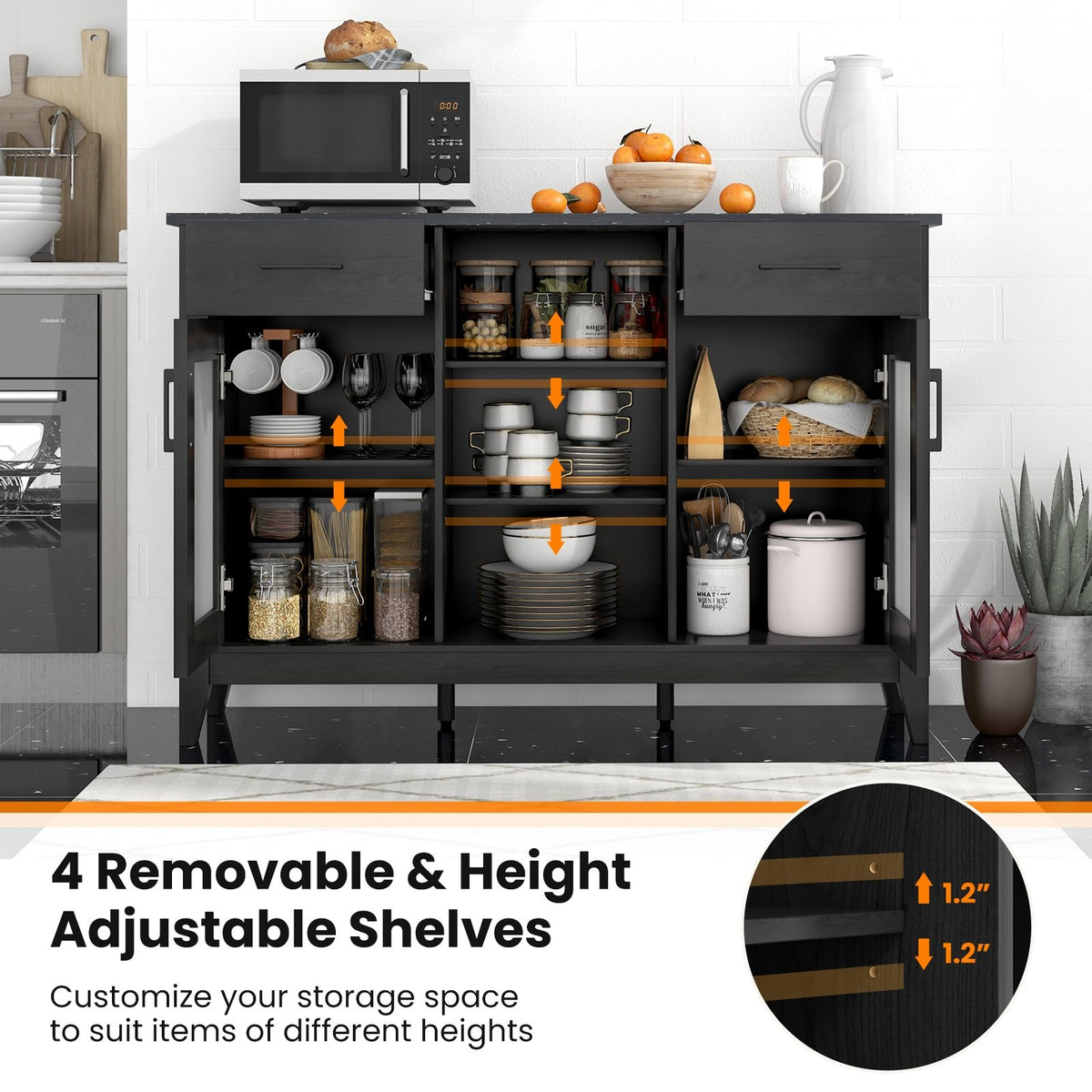 Sideboard Buffet Cabinet with 2 Drawers and 4 Adjustable Shelves-Black view 7