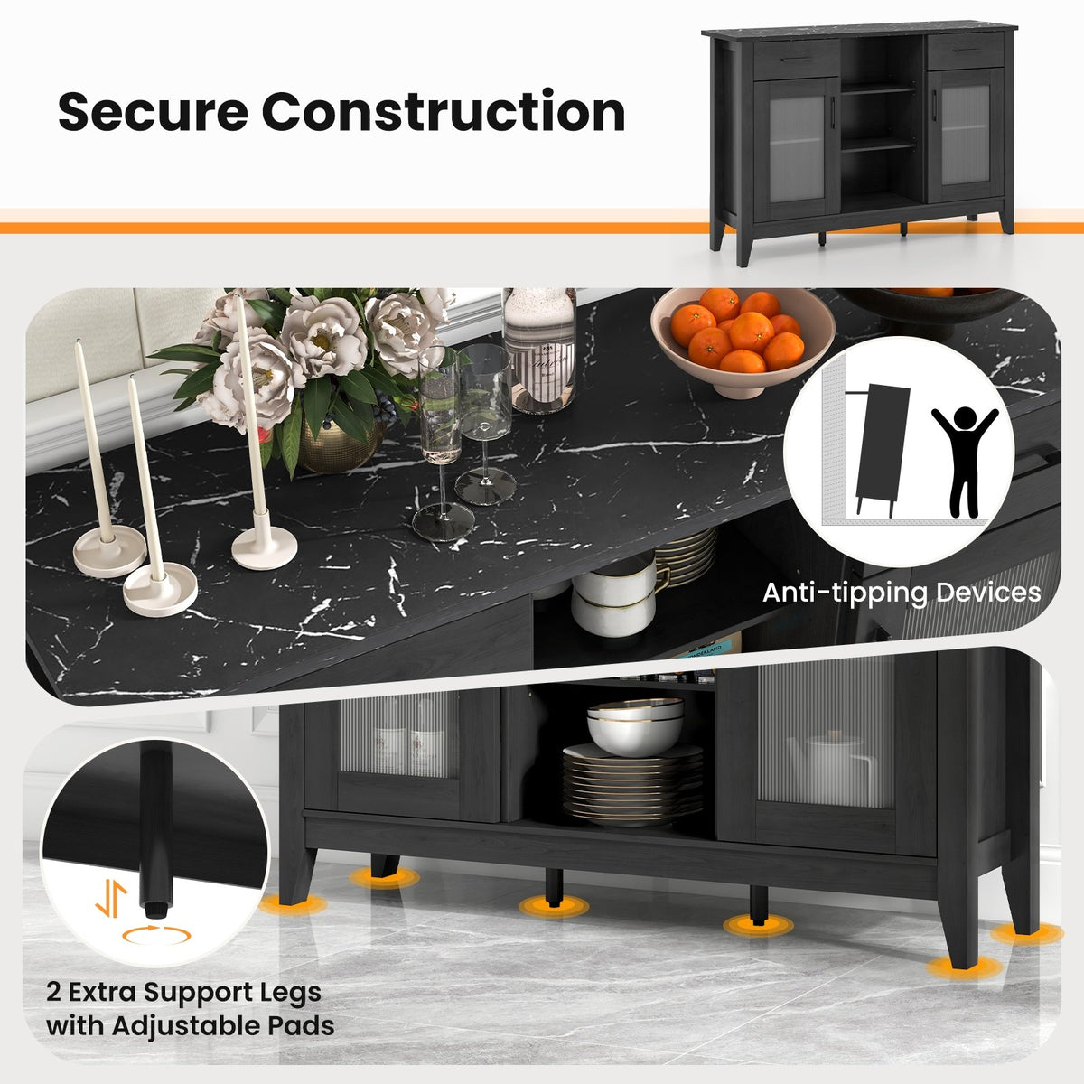 Sideboard Buffet Cabinet with 2 Drawers and 4 Adjustable Shelves-Black view 8