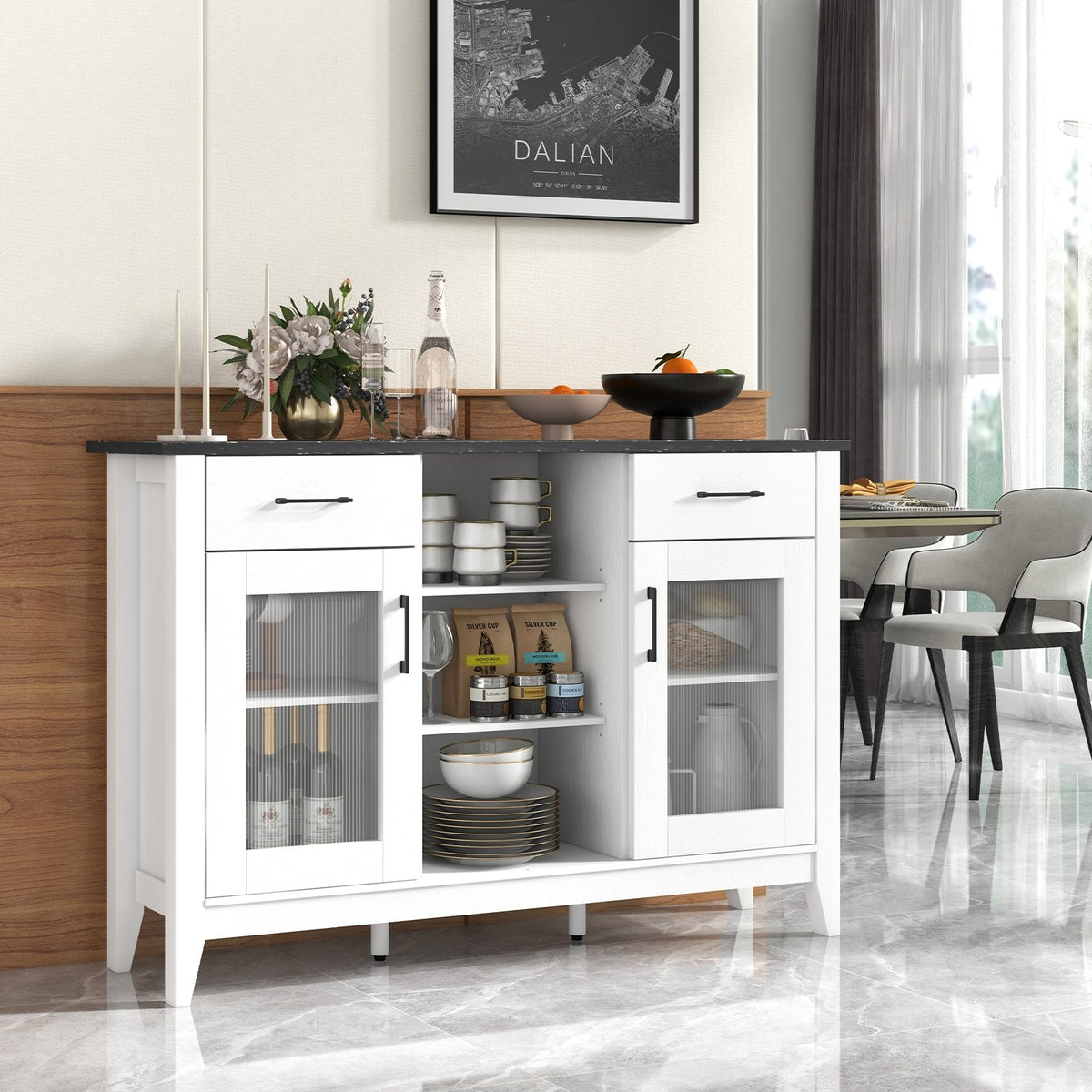 Sideboard Buffet Cabinet with 2 Drawers and 4 Adjustable Shelves-White view 2
