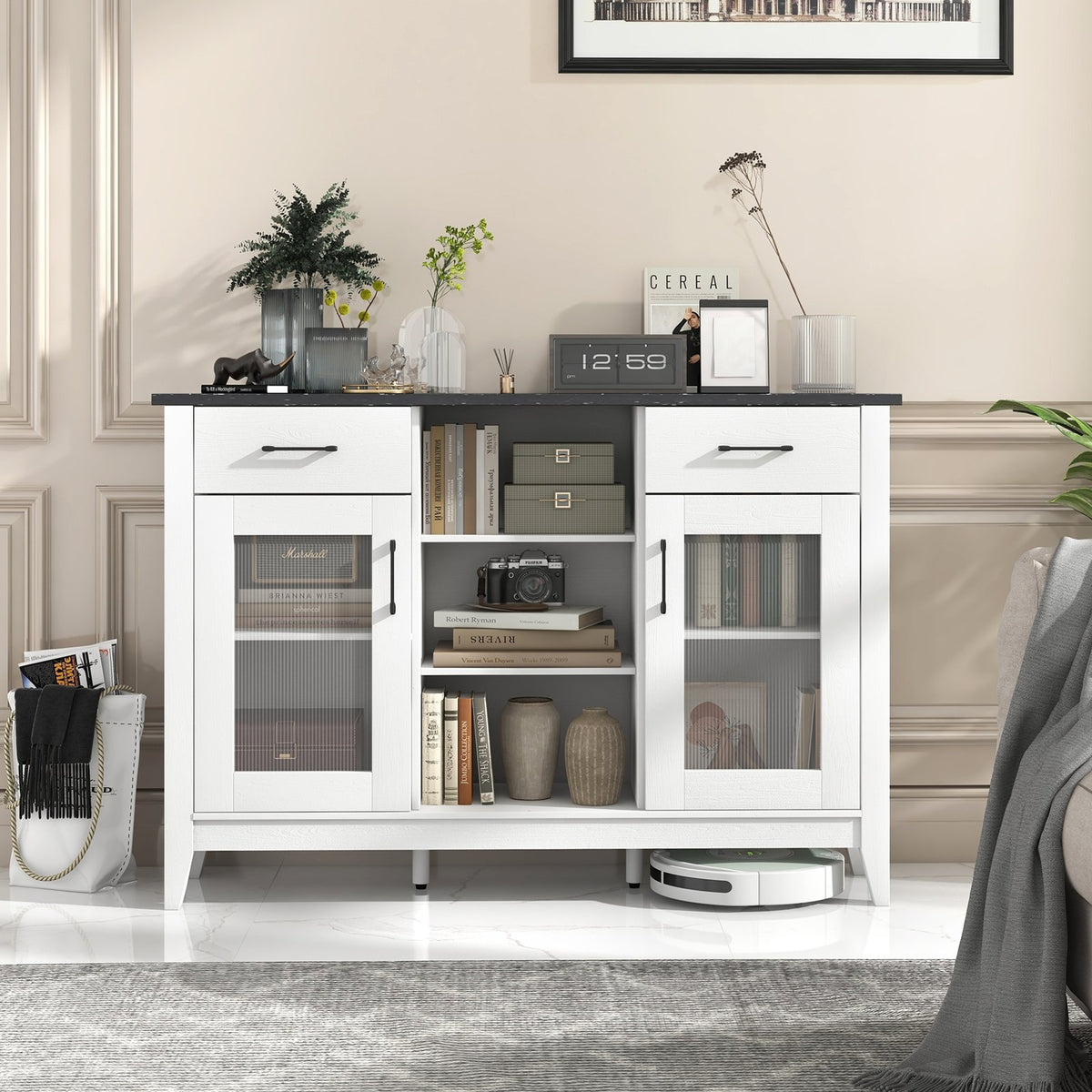 Sideboard Buffet Cabinet with 2 Drawers and 4 Adjustable Shelves-White view 3