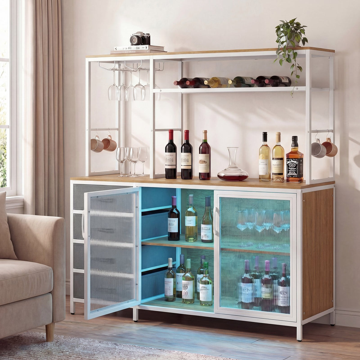 Sideboard Buffet Cabinet with LED Lights 55 inch Coffee Table with Power Outlets-Natural view 3