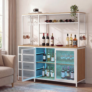 Sideboard Buffet Cabinet with LED Lights 55 inch Coffee Table with Power Outlets-Natural view 3