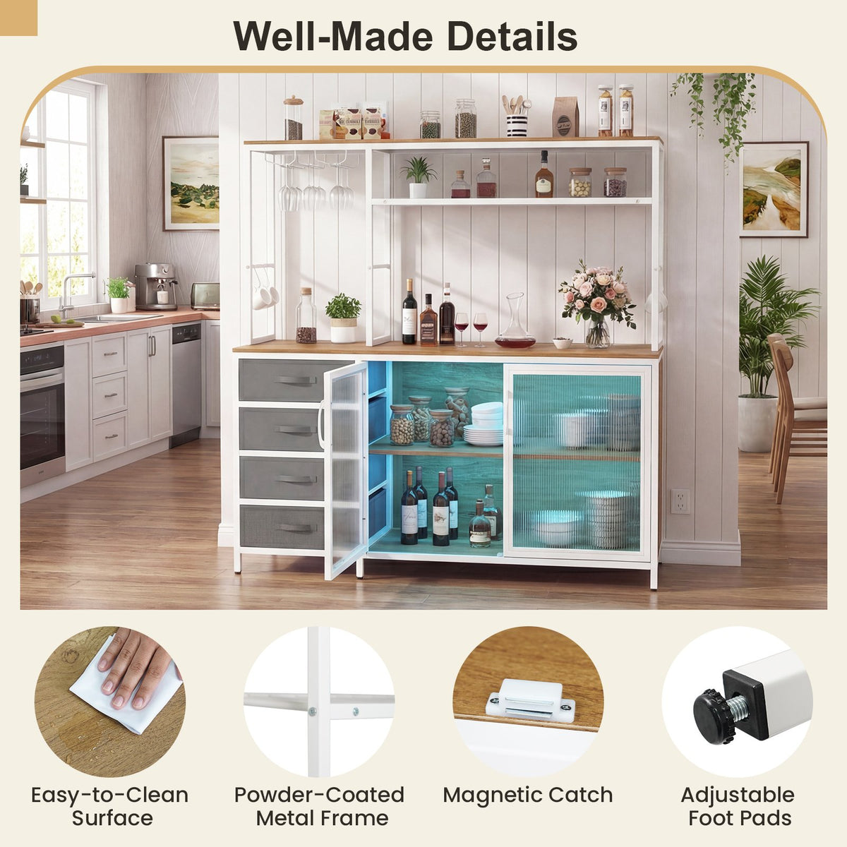 Sideboard Buffet Cabinet with LED Lights 55 inch Coffee Table with Power Outlets-Natural view 7