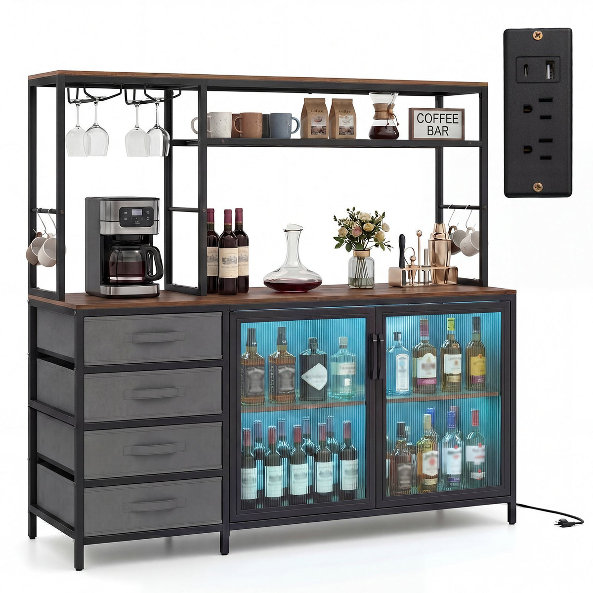 Sideboard Buffet Cabinet with LED Lights 55 inch Coffee Table with Power Outlets-Rustic Brown