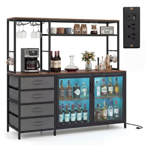 Sideboard Buffet Cabinet with LED Lights 55 inch Coffee Table with Power Outlets-Rustic Brown