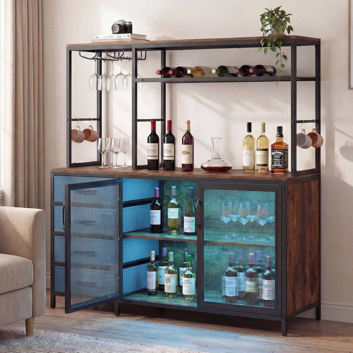Sideboard Buffet Cabinet with LED Lights 55 inch Coffee Table with Power Outlets-Rustic Brown view 3