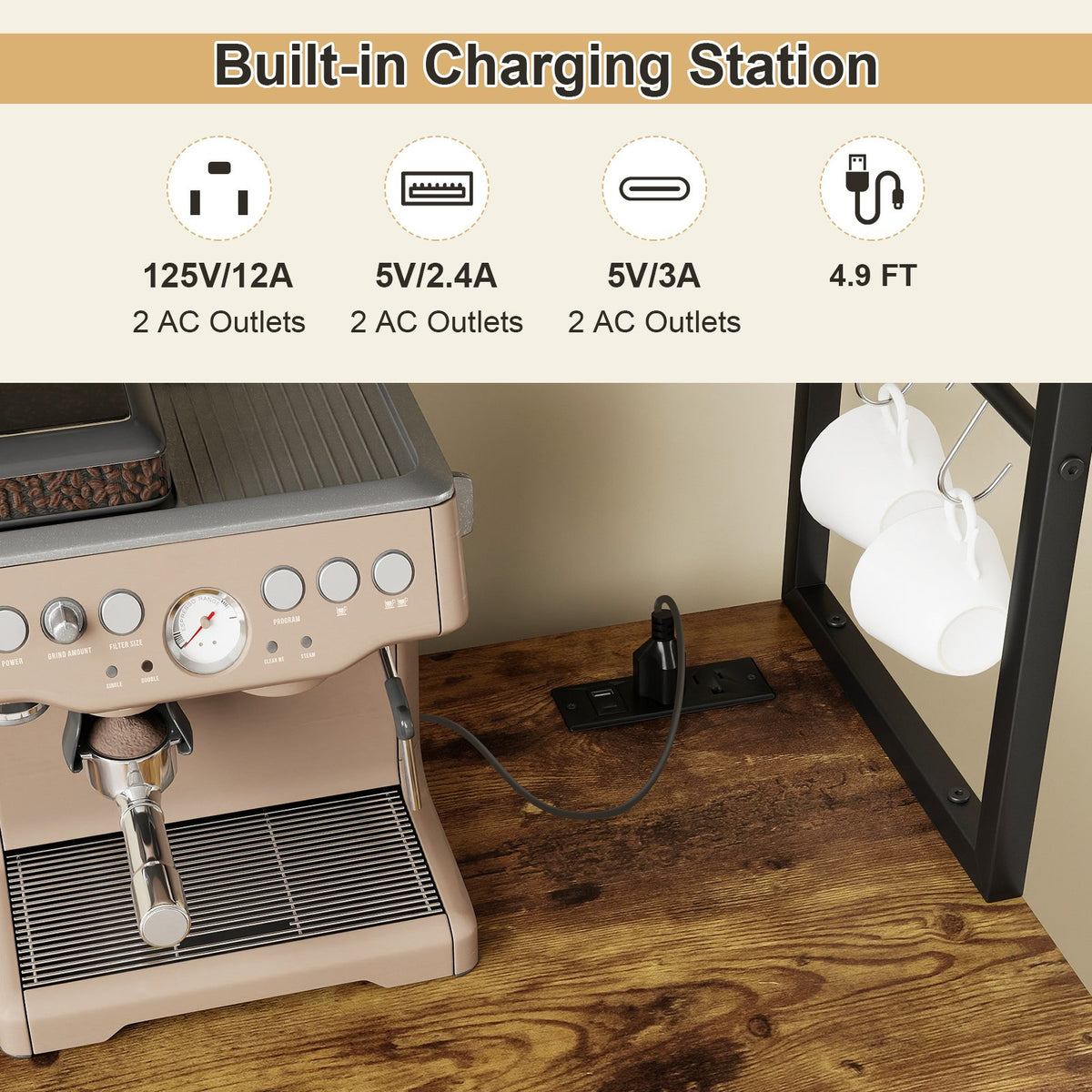 Sideboard Buffet Cabinet with LED Lights 55 inch Coffee Table with Power Outlets-Rustic Brown view 9