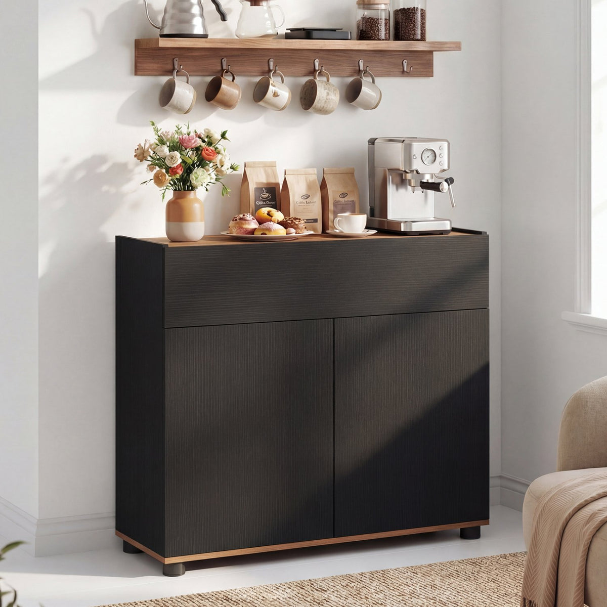 Sideboard Buffet Cabinet with Storage Wooden Kitchen Storage Cabinet-Black view 2