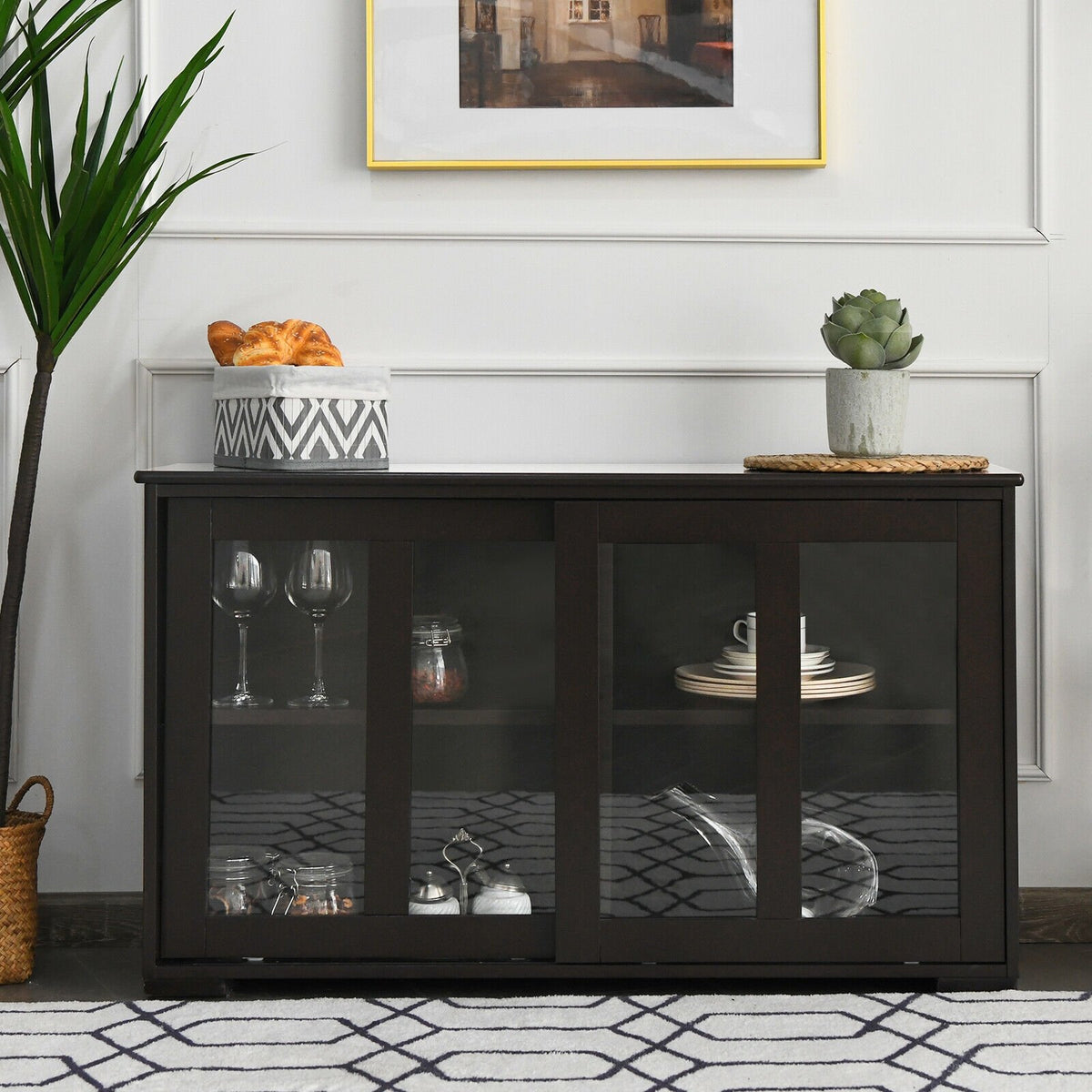 Sideboard Buffet Cupboard Storage Cabinet with Sliding Door-Brown view 2