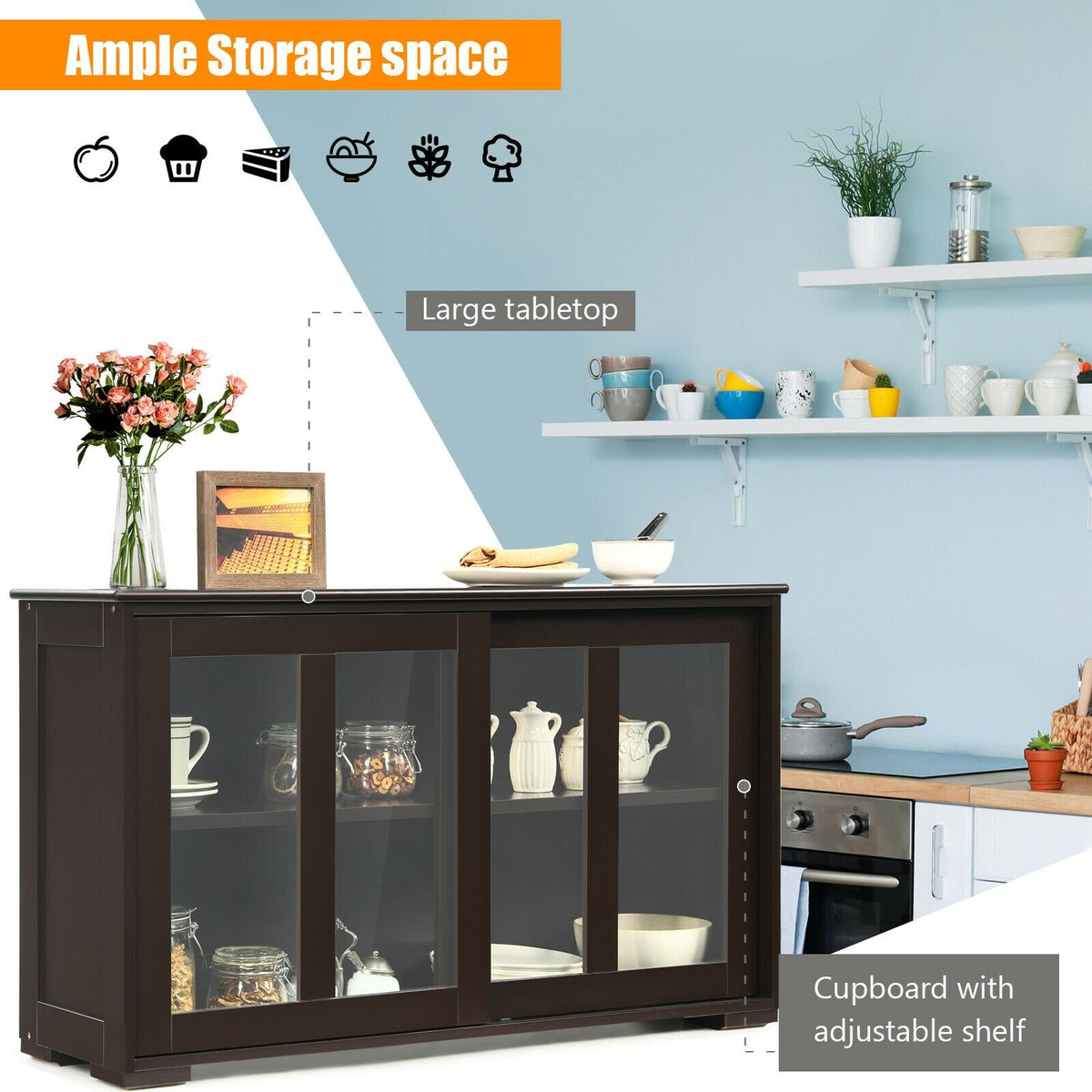 Sideboard Buffet Cupboard Storage Cabinet with Sliding Door-Brown view 3