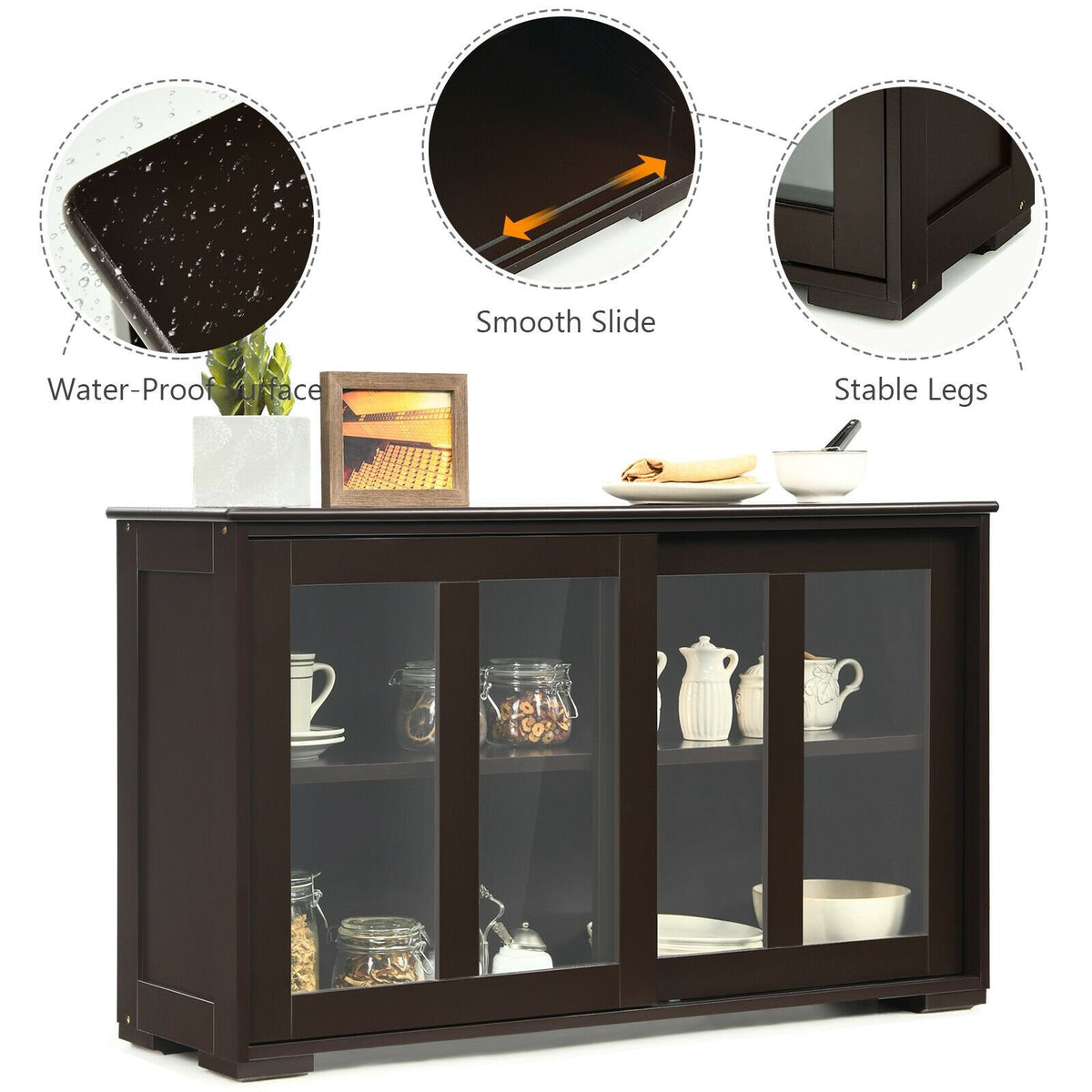 Sideboard Buffet Cupboard Storage Cabinet with Sliding Door-Brown view 5