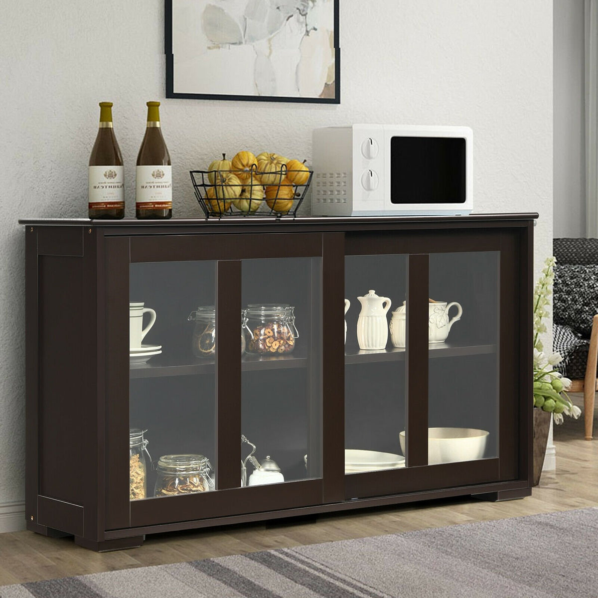 Sideboard Buffet Cupboard Storage Cabinet with Sliding Door-Brown view 6