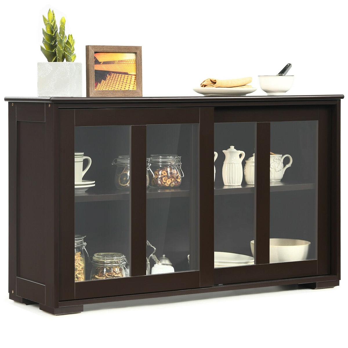 Sideboard Buffet Cupboard Storage Cabinet with Sliding Door-Brown view 8