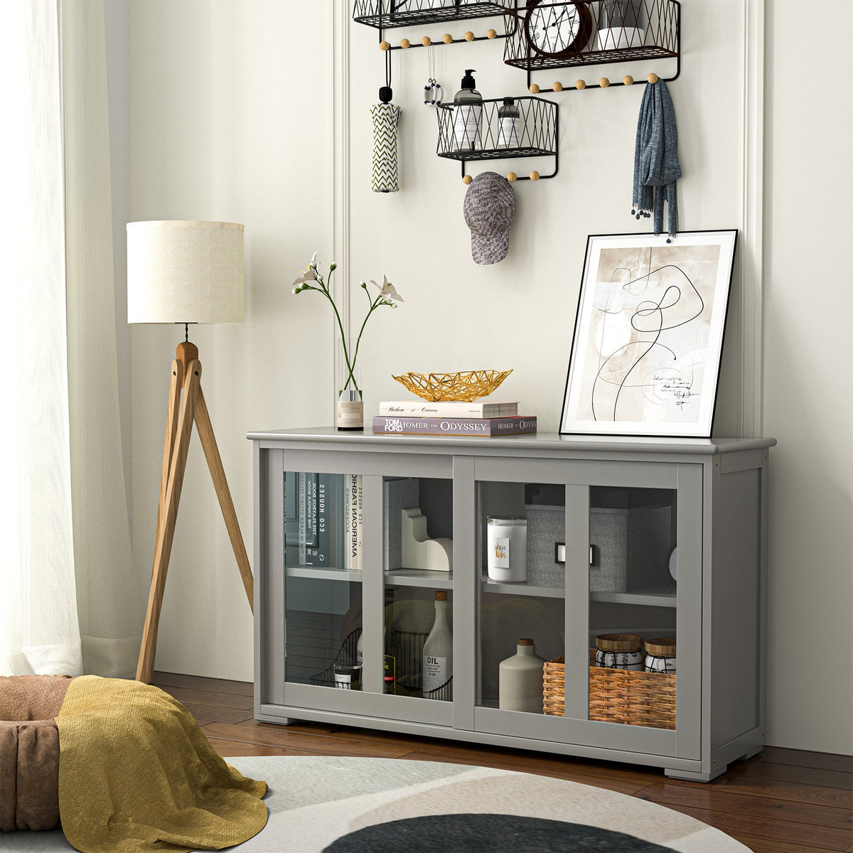 Sideboard Buffet Cupboard Storage Cabinet with Sliding Door-Gray view 3