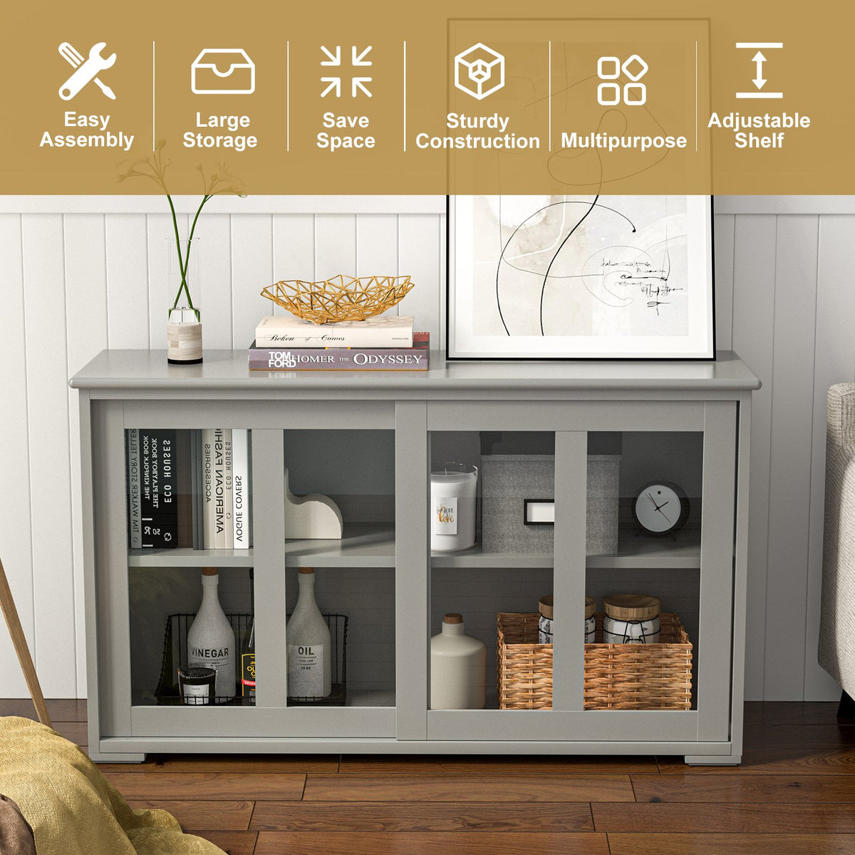 Sideboard Buffet Cupboard Storage Cabinet with Sliding Door-Gray view 5