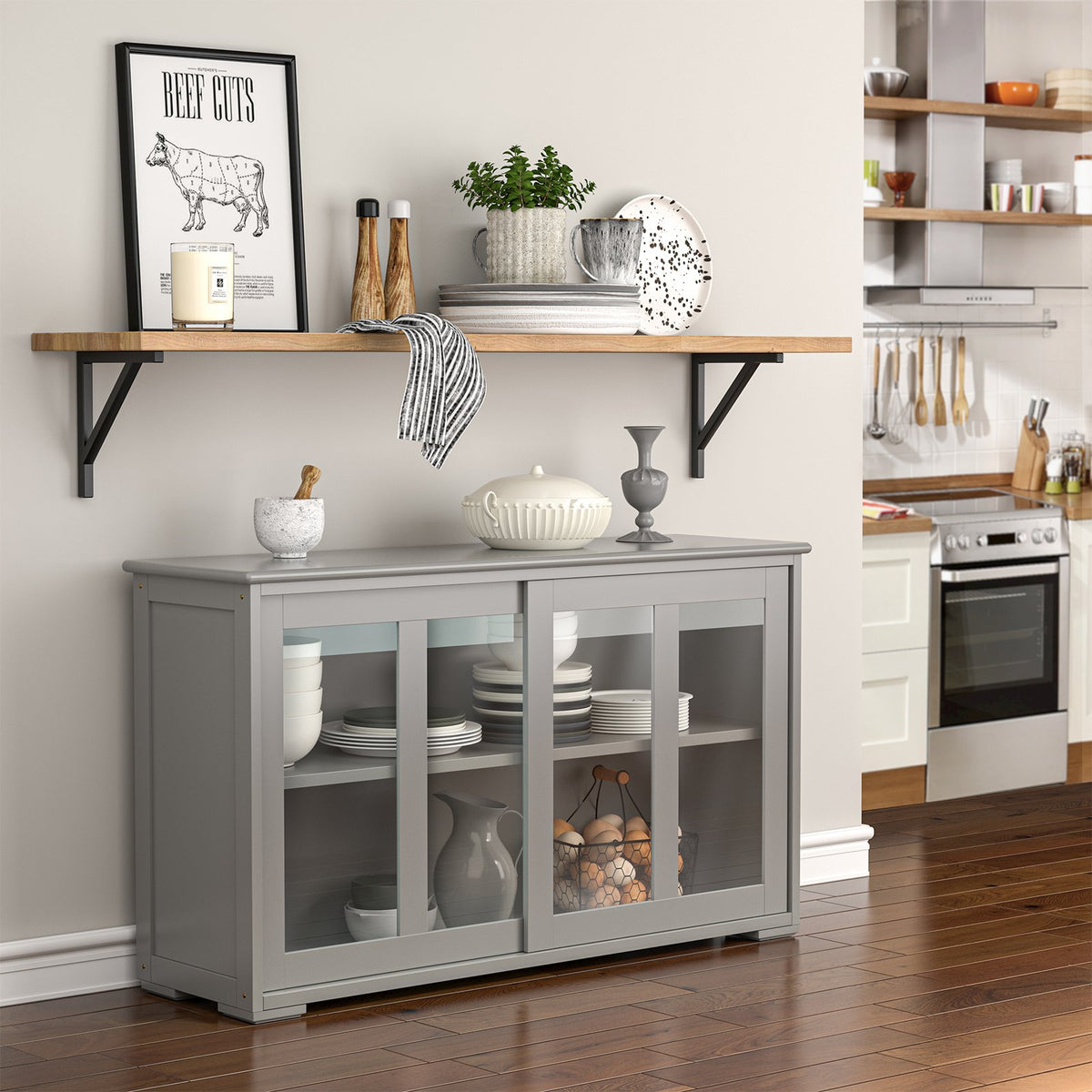 Sideboard Buffet Cupboard Storage Cabinet with Sliding Door-Gray view 8