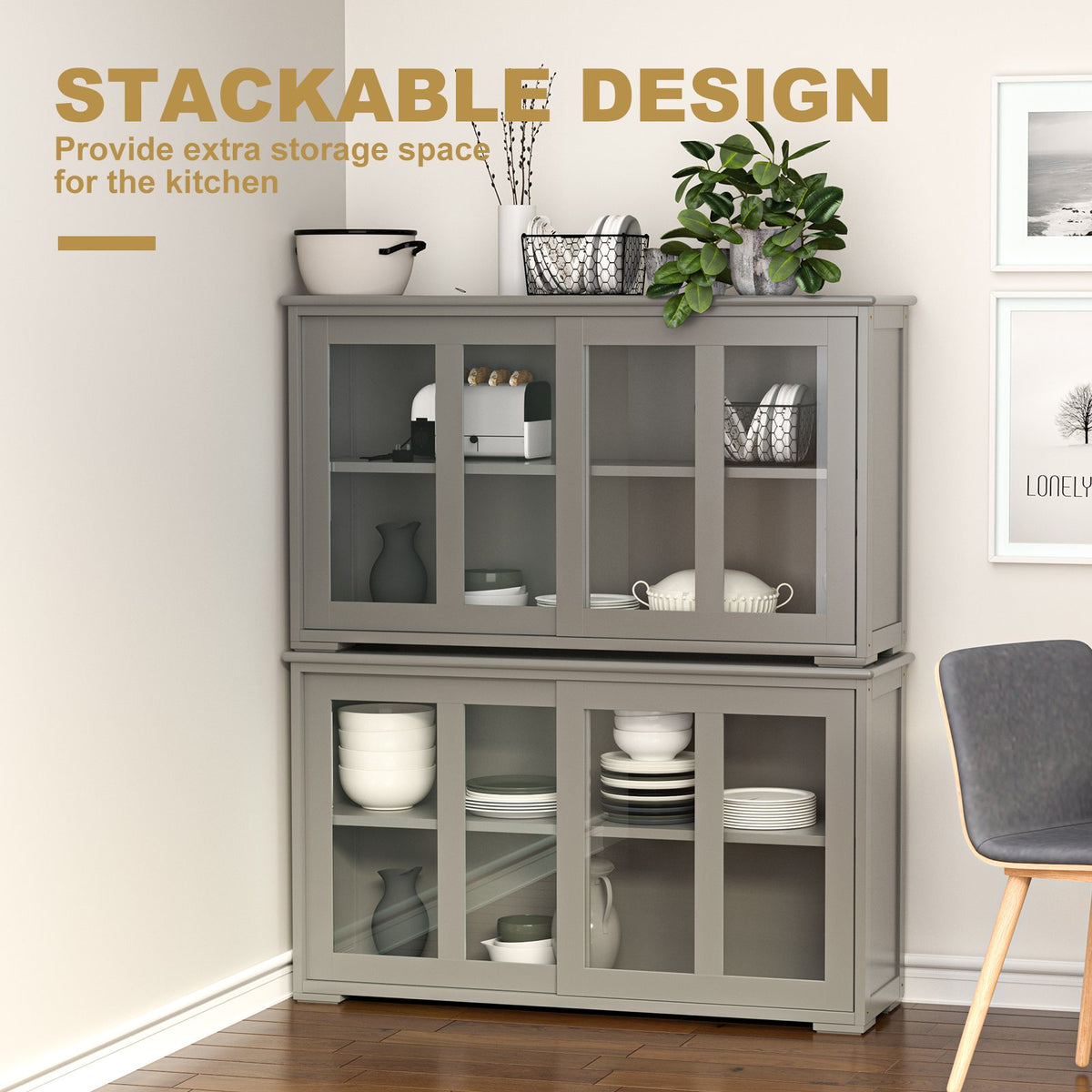 Sideboard Buffet Cupboard Storage Cabinet with Sliding Door-Gray view 9