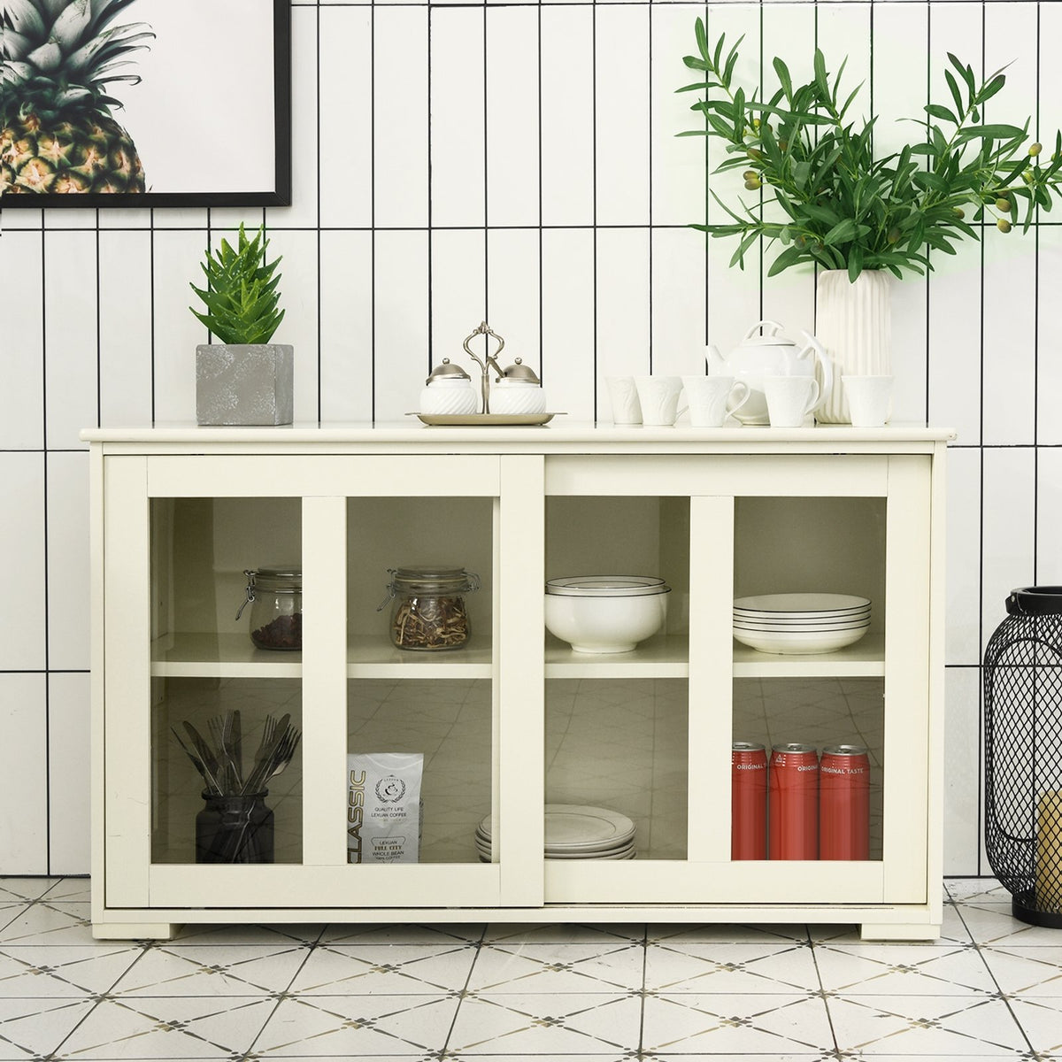 Sideboard Buffet Cupboard Storage Cabinet with Sliding Door-Antique White view 2