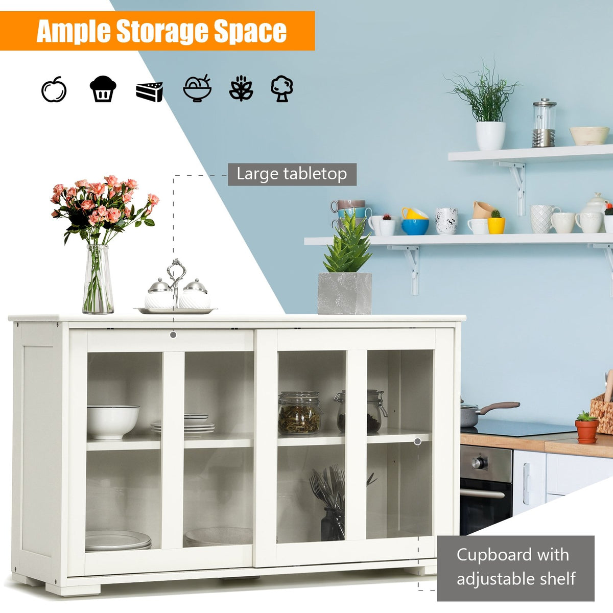 Sideboard Buffet Cupboard Storage Cabinet with Sliding Door-Antique White view 6