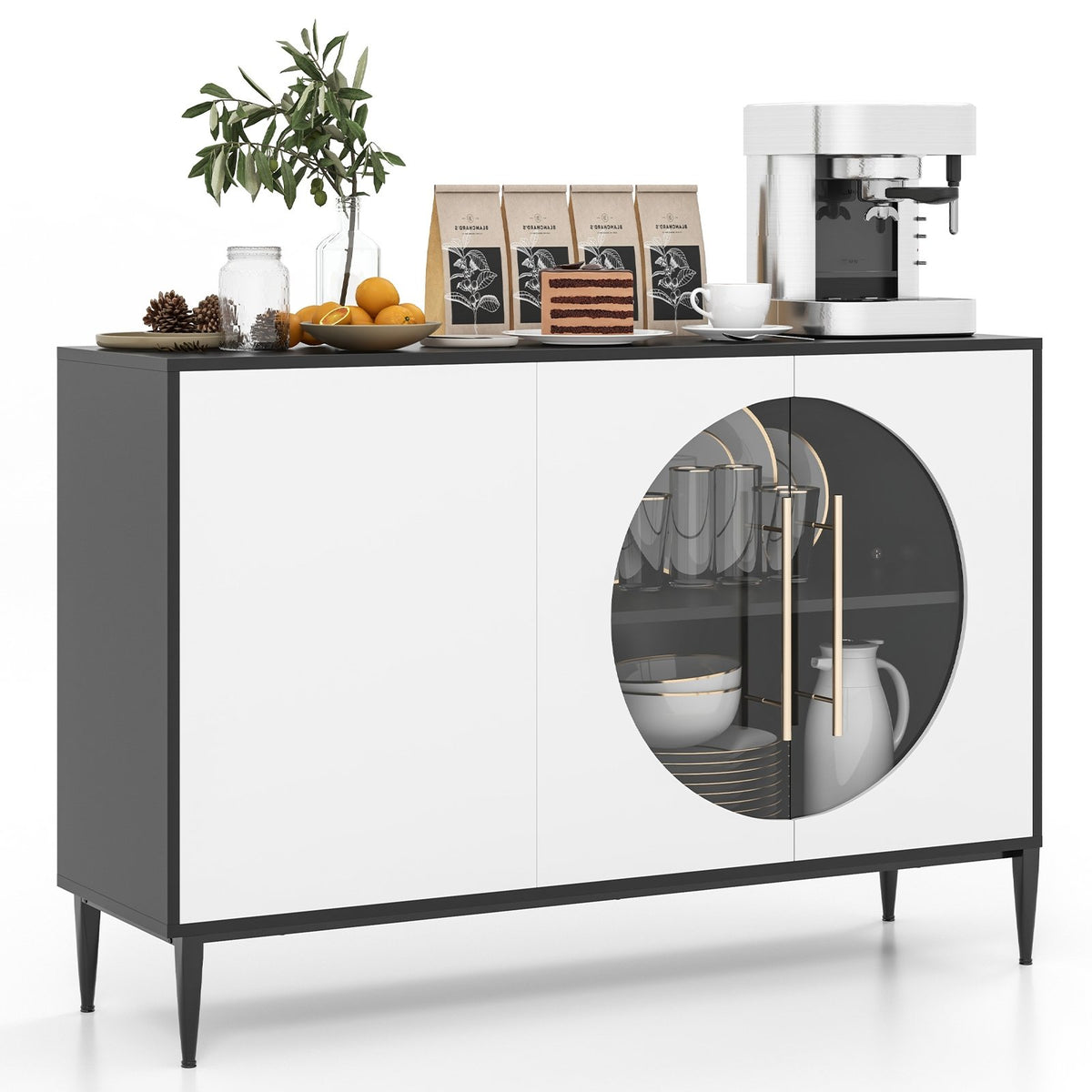 Sideboard Cabinet with Tempered Glass Door for Living Room Dining Room Kitchen-White view 4
