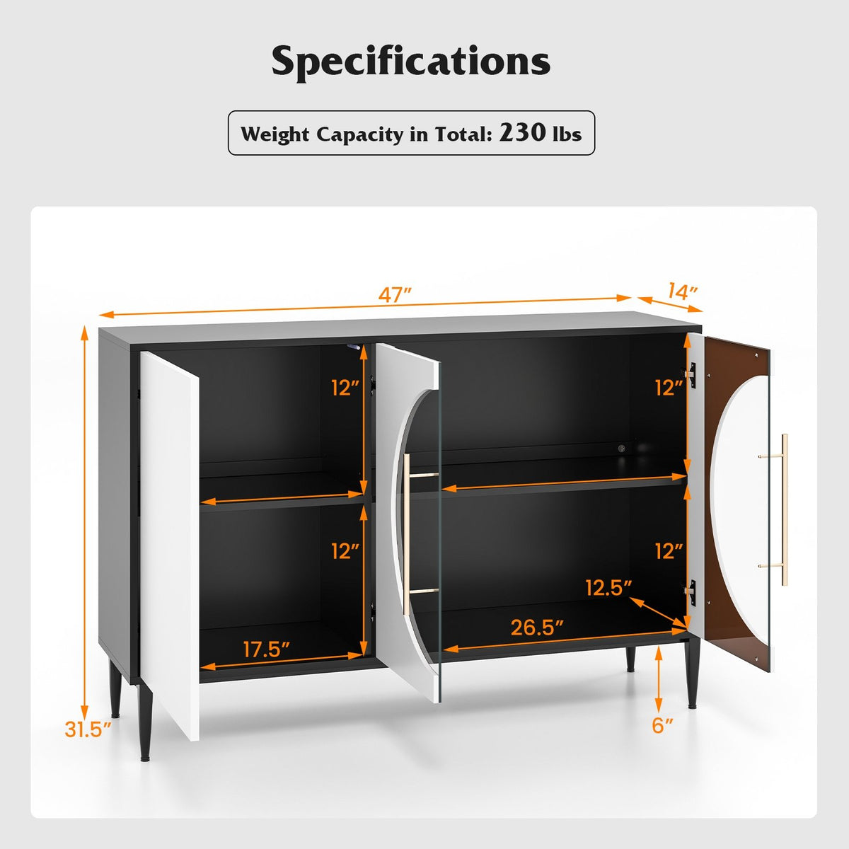 Sideboard Cabinet with Tempered Glass Door for Living Room Dining Room Kitchen-White view 5