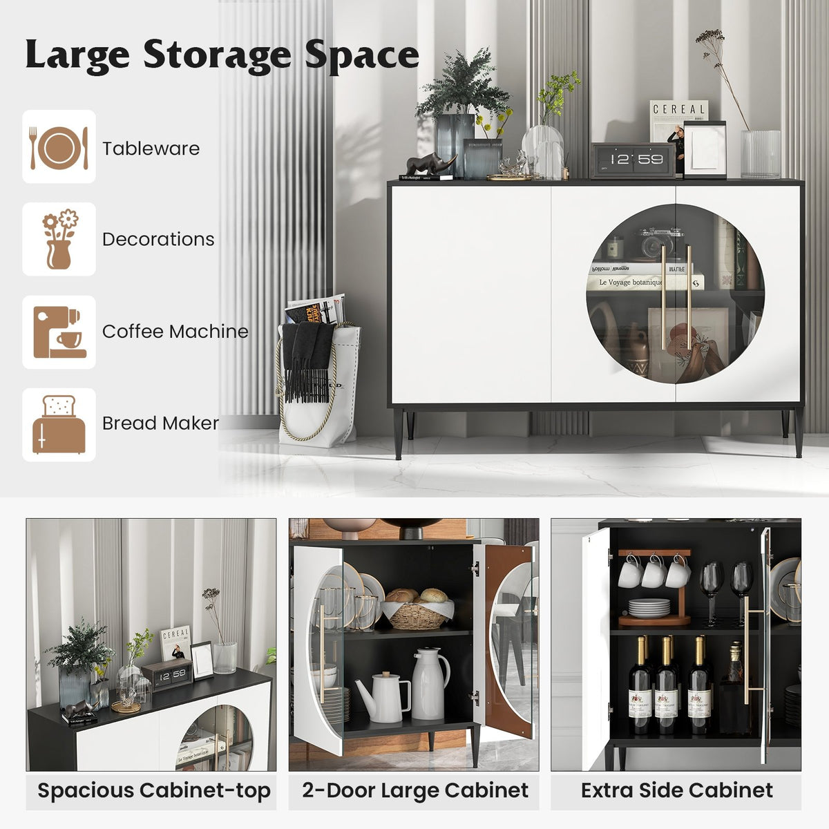 Sideboard Cabinet with Tempered Glass Door for Living Room Dining Room Kitchen-White view 7