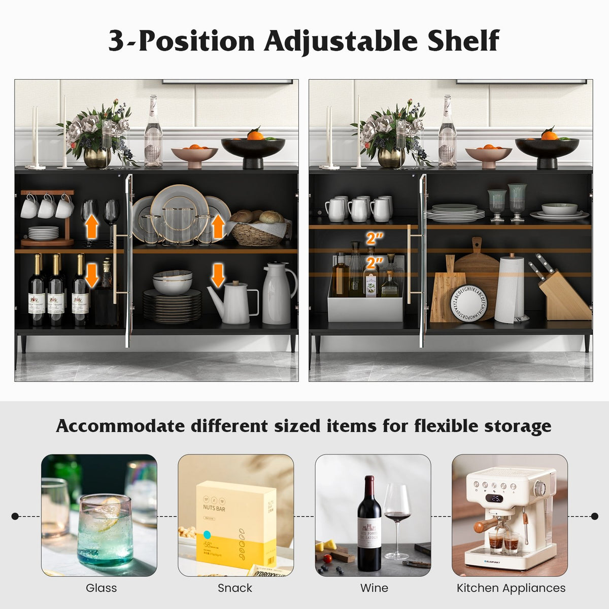 Sideboard Cabinet with Tempered Glass Door for Living Room Dining Room Kitchen-White view 8